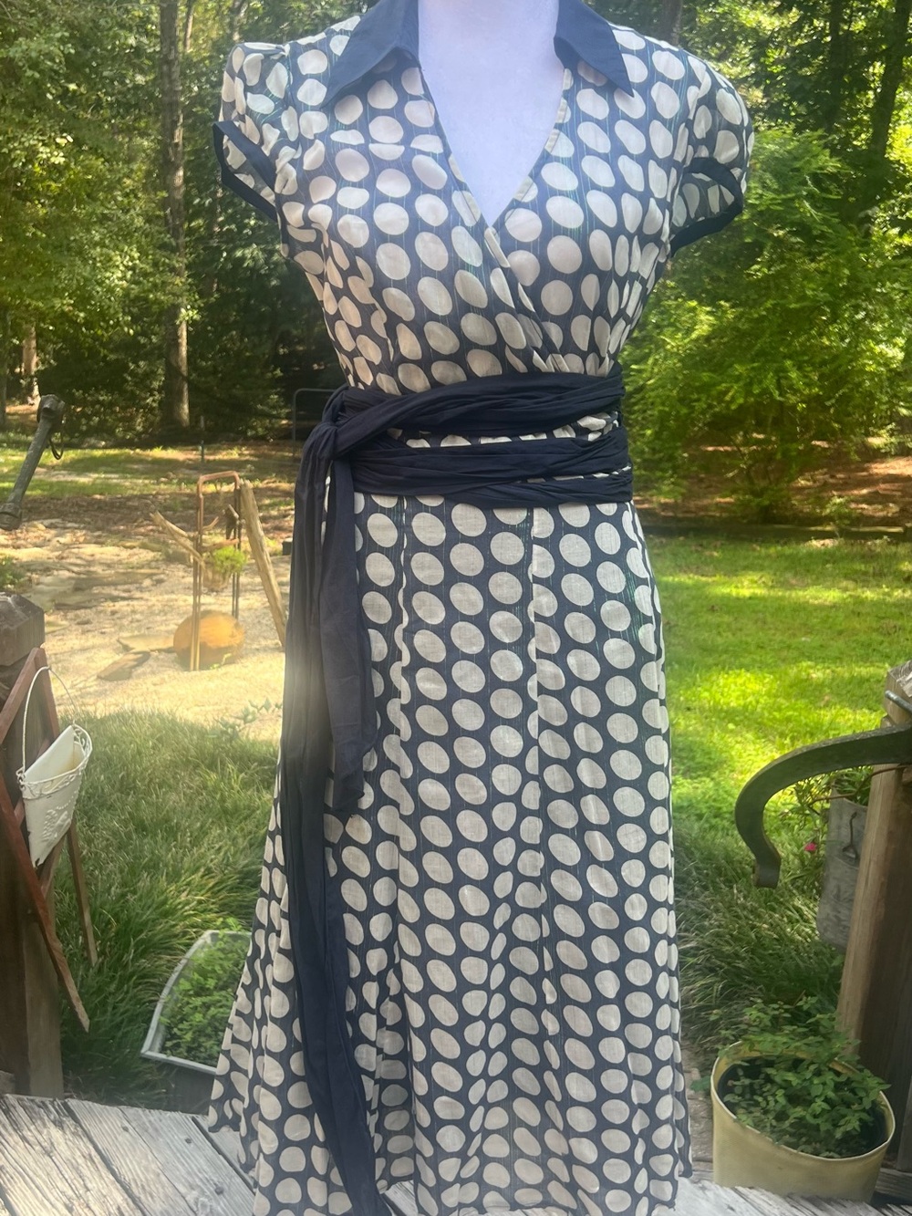 Feline Cotton Polka Dot Wrap Midi Dress Belted Large/Medium
